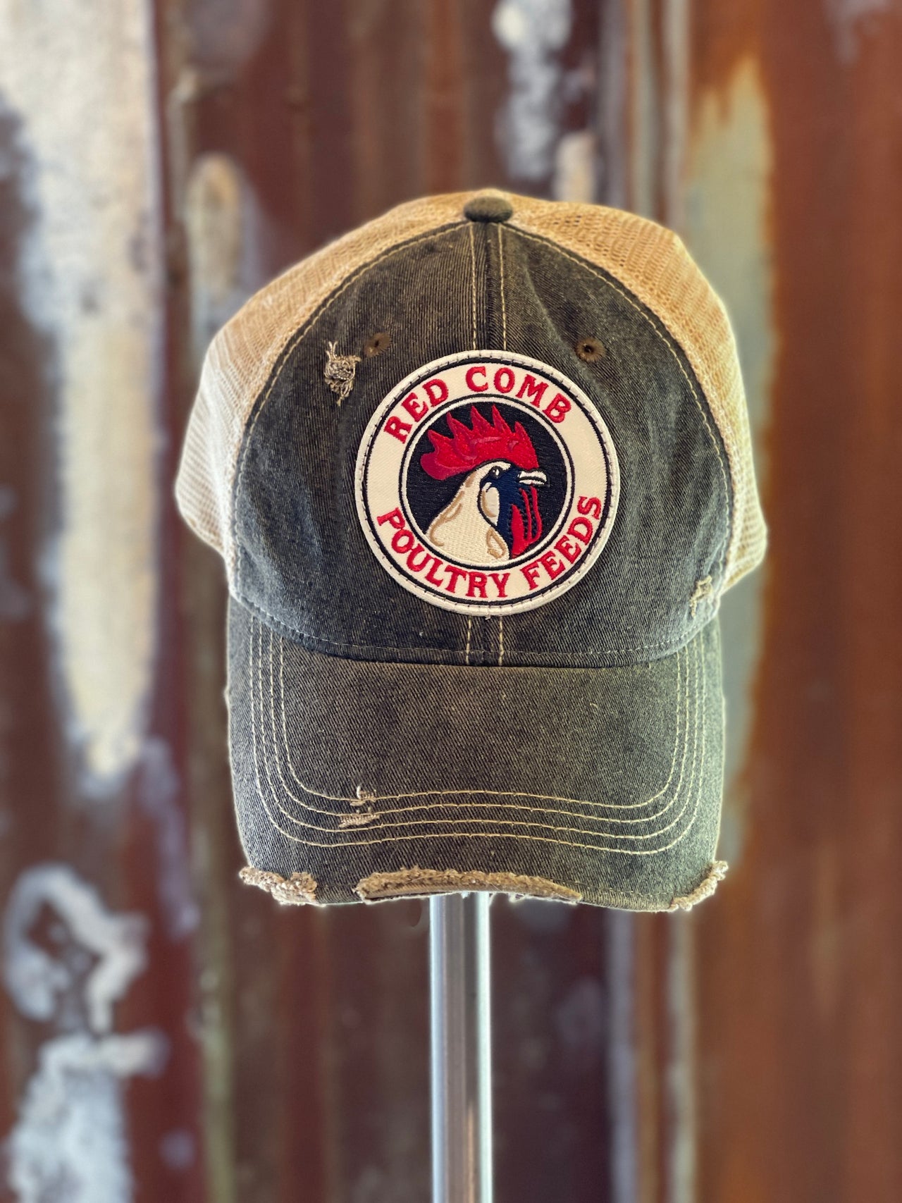 Red Comb Feeds Hat- Distressed Black Snapback Angry Minnow Vintage