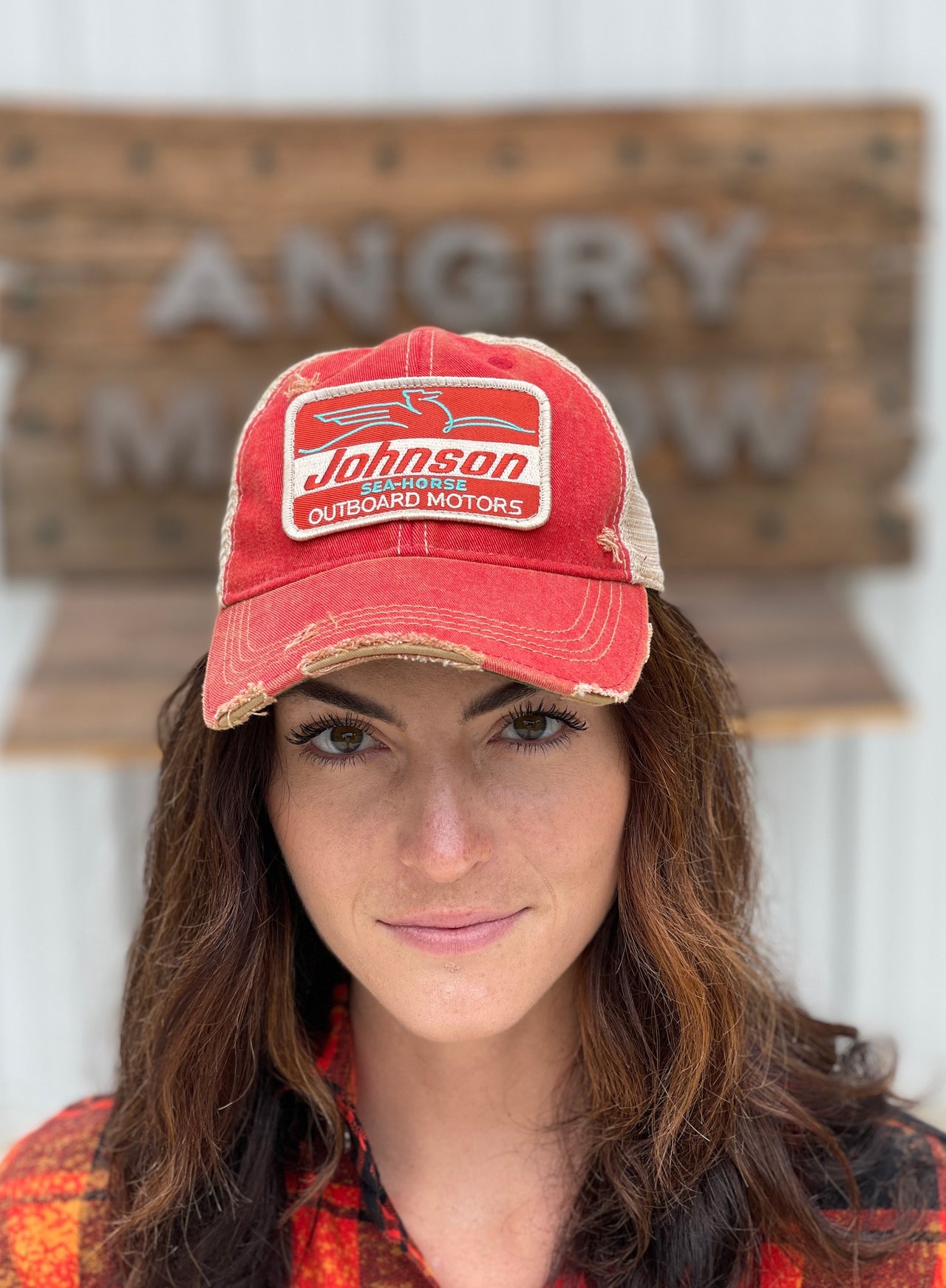 Johnson Sea-Horse "Rectangle Patch" Hat- Distressed Red Snapback