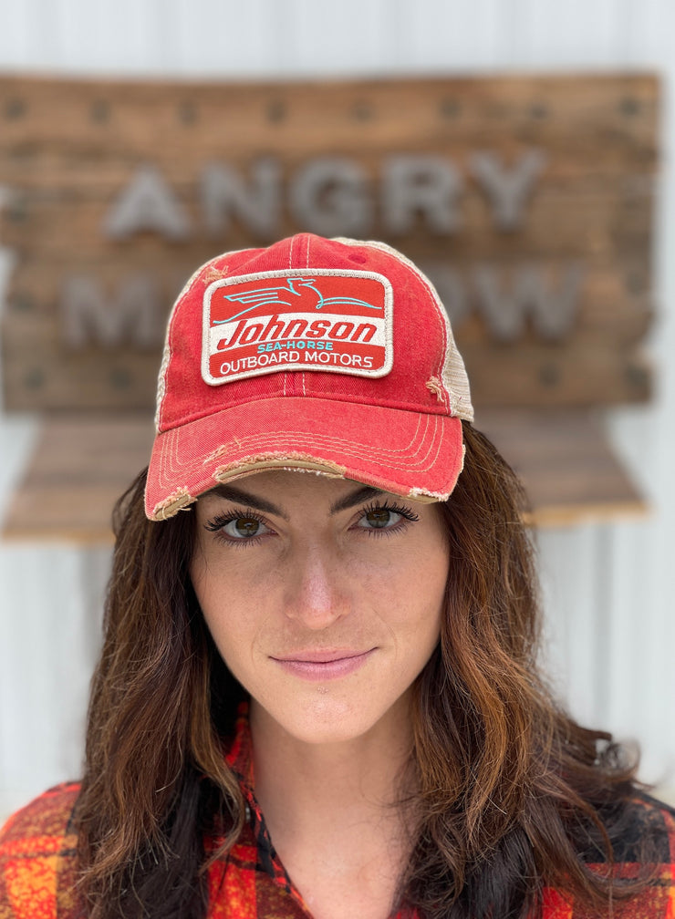 Johnson Sea-Horse "Rectangle Patch" Hat- Distressed Red Snapback