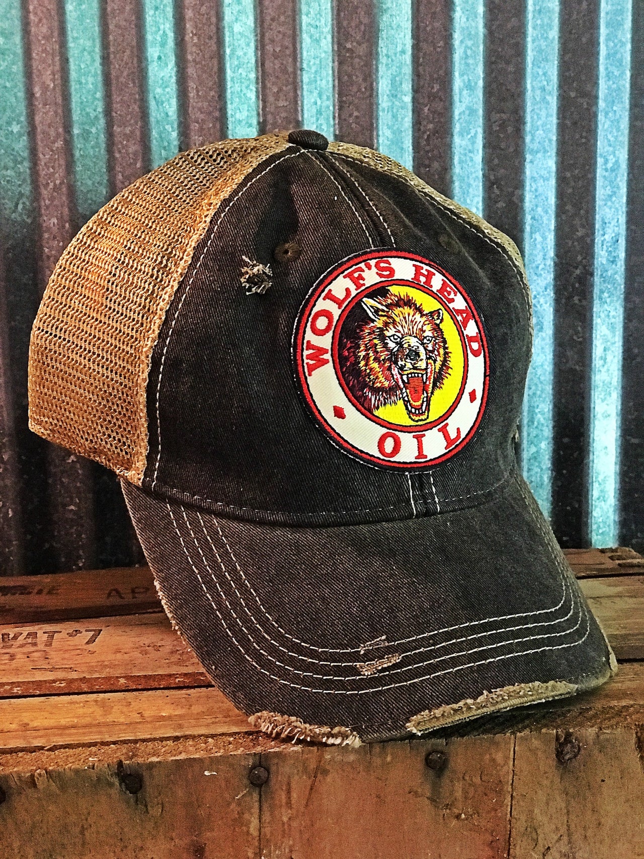 Wolf's Head Oil Hat- Distressed Black Snapback