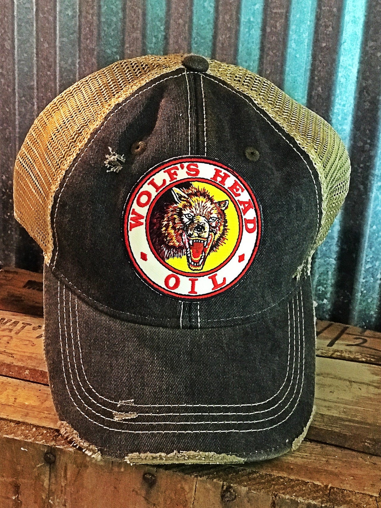 Wolf's Head Oil Hat- Distressed Black Snapback