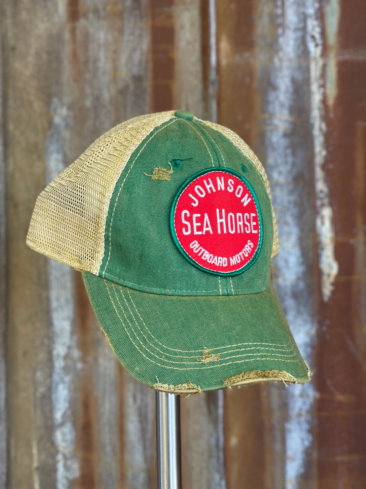 Johnson Outboard Round Patch Hat - Distressed Kelly Green Snapback