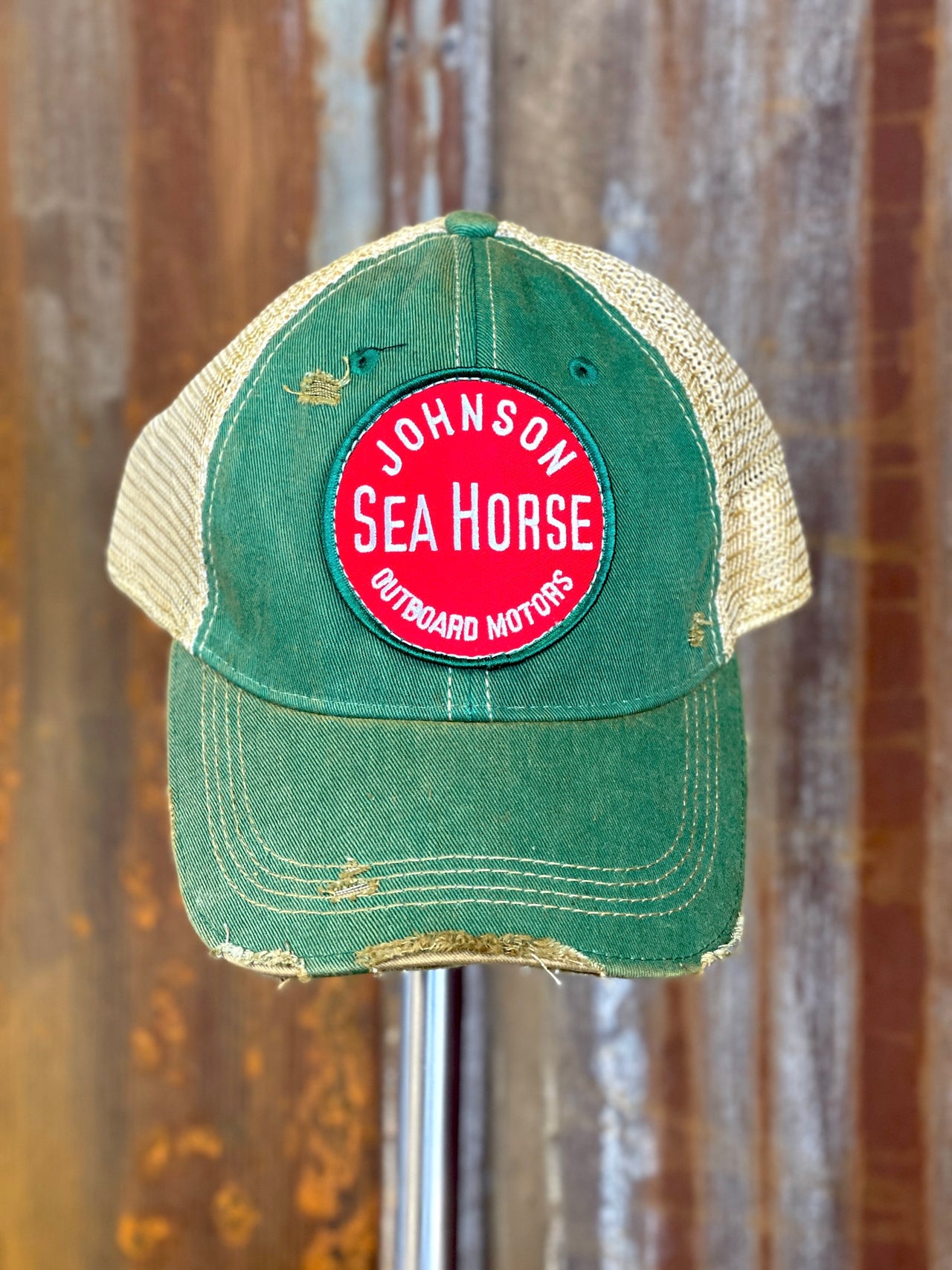 Johnson Outboard Round Patch Hat - Distressed Kelly Green Snapback