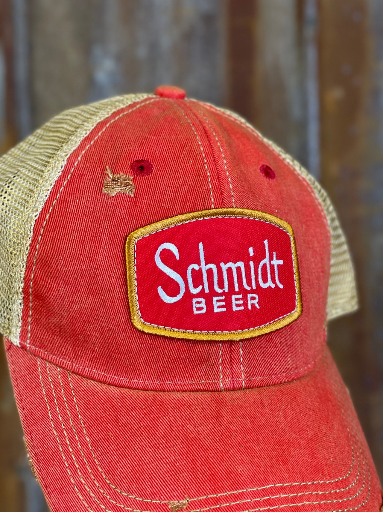 Schmidt Beer Hat -Distressed Red Angry Minnow Vintage