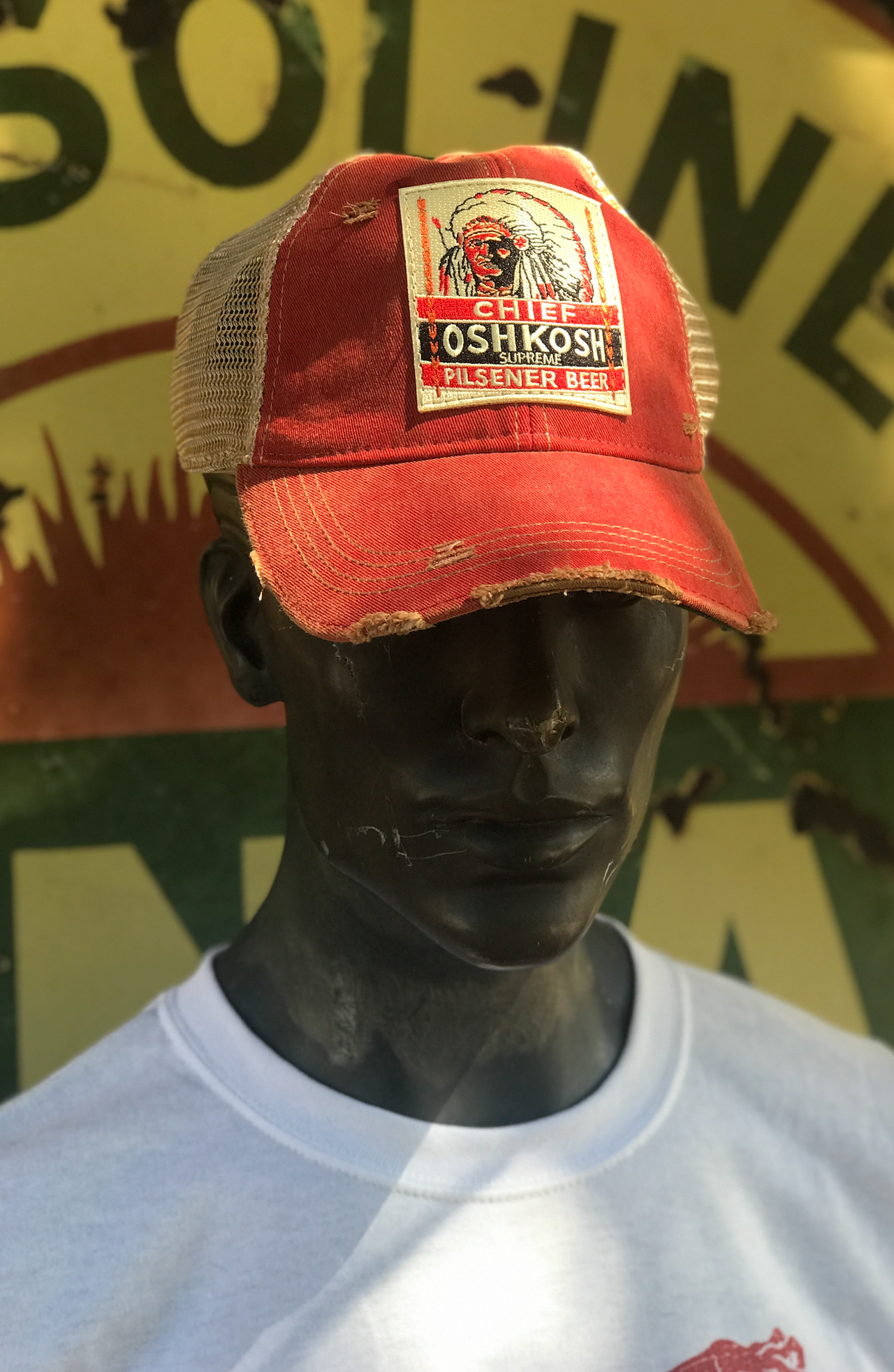 Chief Oshkosh Beer Hat- Distressed Red