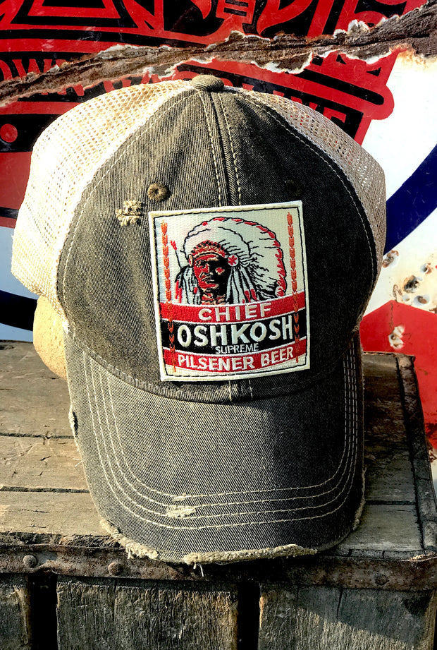 Chief Oshkosh Pilsener Wisconsin Hat - Distressed Black snapback