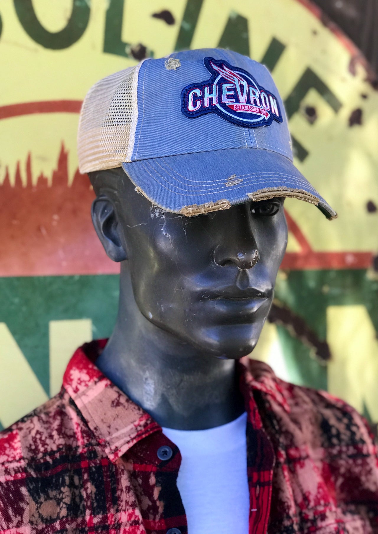 Chevron Gas Patch Hat- Sky Blue Distressed Snapback