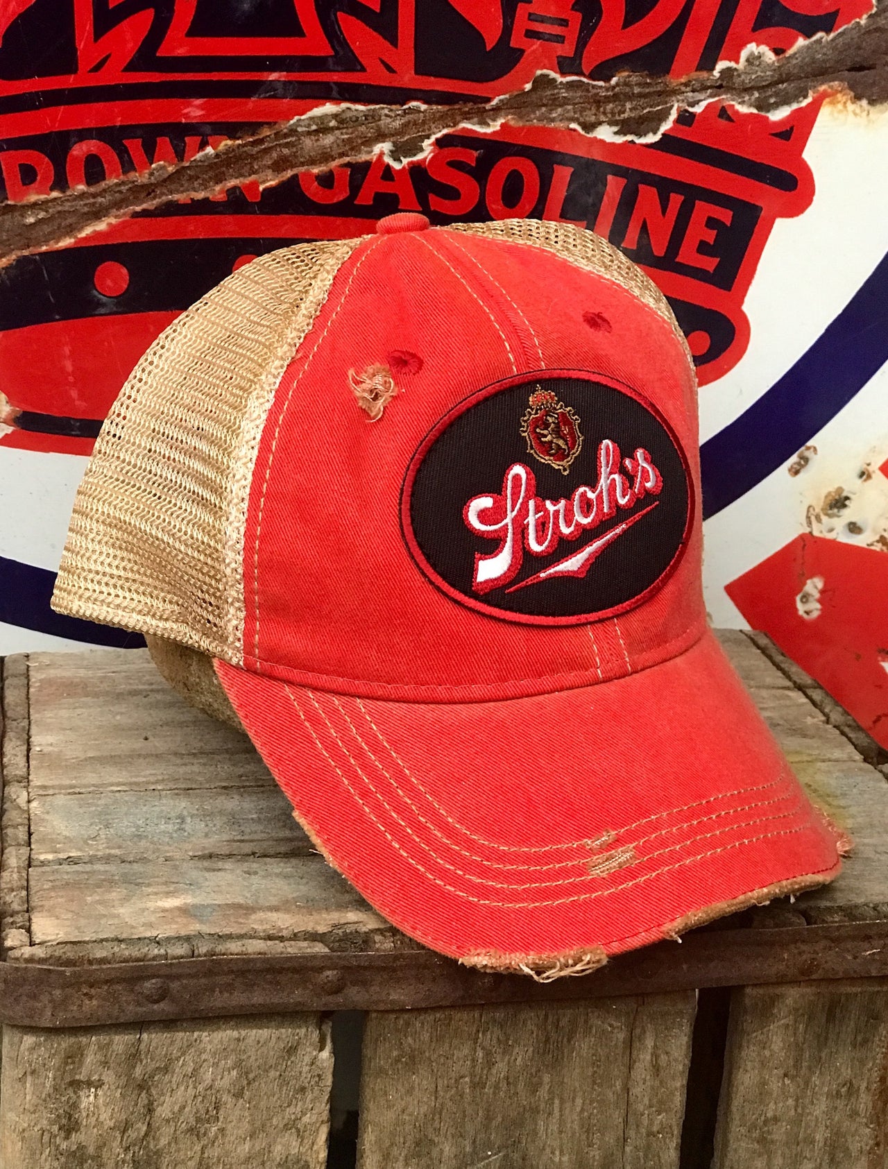 Stroh's Beer Vintage Logo Patch Hat - Distressed Red Snapback