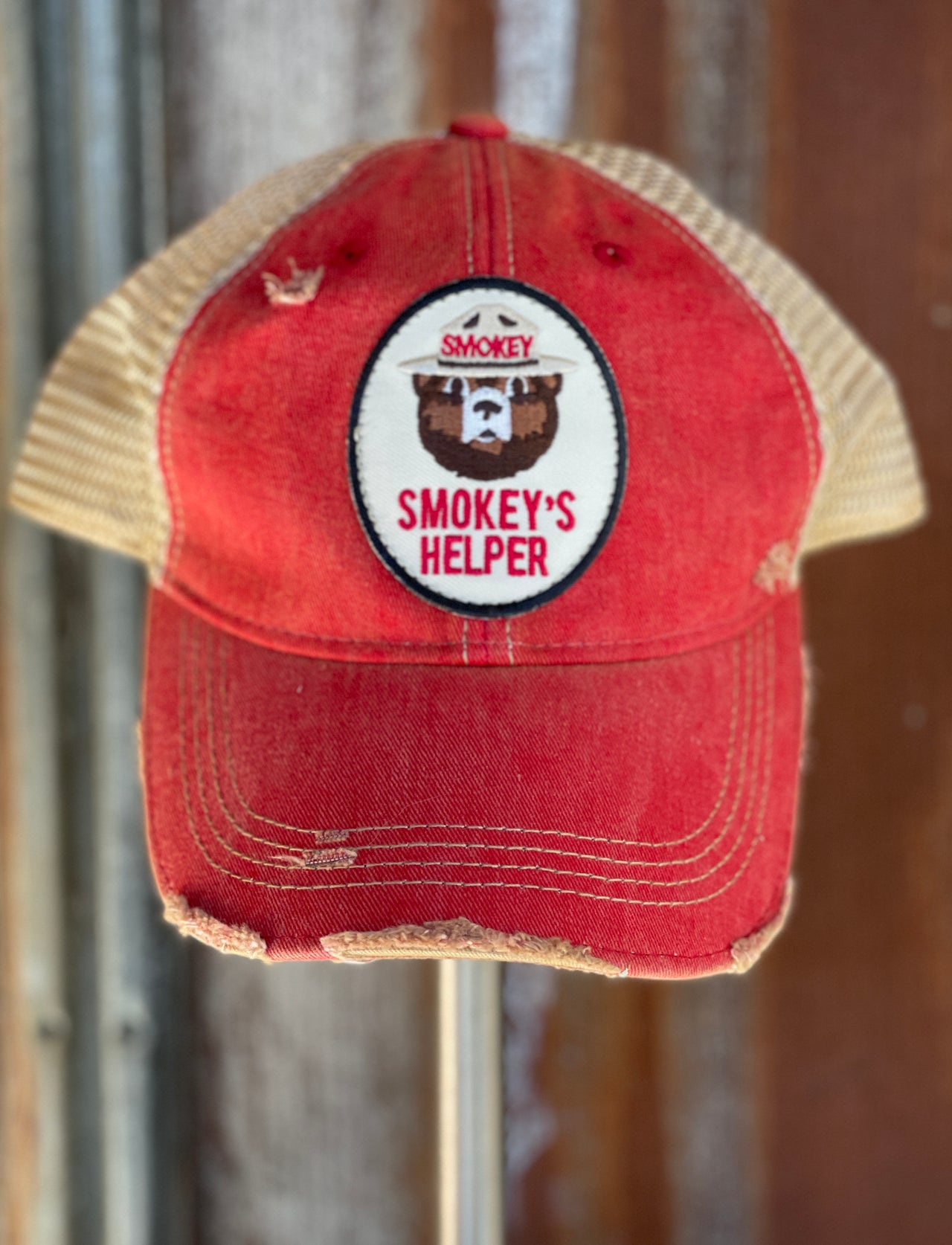 Smokey"s Helper Hat- Distressed Red Snapback